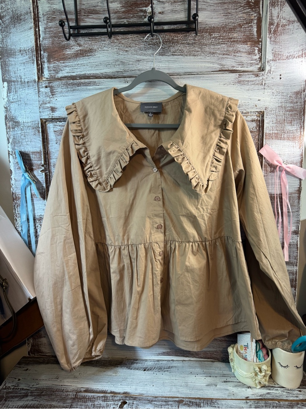 Women's Tan Ruffle Collar Peplum Button-Down Shirt